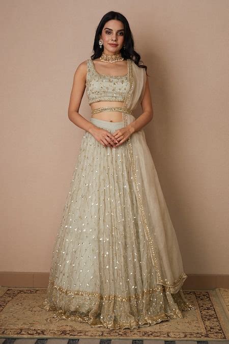 Buy Grey Organza Embroidered Nakshi Scoop Neck Bridal Lehenga Set For