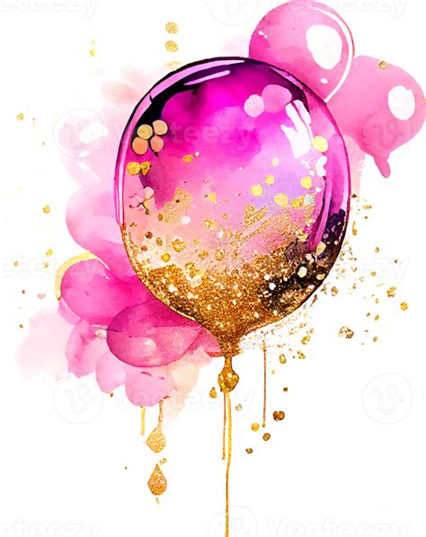 Watercolor Alcohol Ink Pink Birthday Balloon With Some Golden Glitter