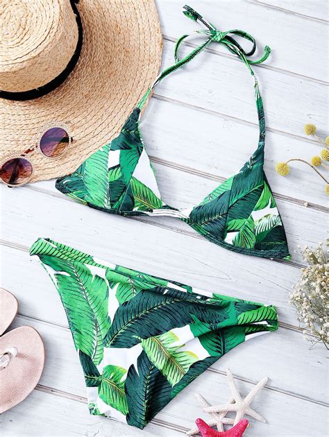 Palm Tree Printed Halter Bikini Set Green S Bikinis Zaful Bikinis