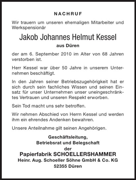 Traueranzeigen Von Jakob Johannes Helmut Kessel Aachen Gedenkt