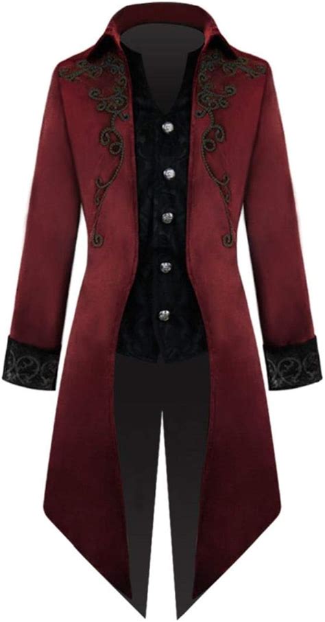 Mens Steampunk Vintage Tailcoat Jacket Medieval Gothic Coat Punk Costume For Halloween Wind Red