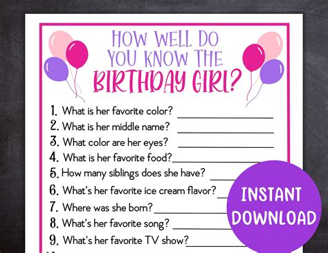 Birthday Girl Trivia Game, Kid Birthday Party Game, Birthday