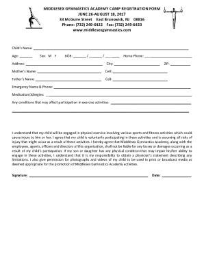 Fillable Online Middlesex Gymnastics Academy Camp Registration Form Fax