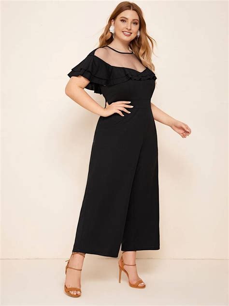 Plus Mesh Yoke Ruffle Trim Culotte Jumpsuit Shein Th เดรส เรียบง่าย