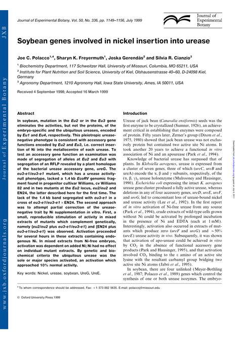 Pdf Soybean Genes Involved In Nickel Insertion Into Urease