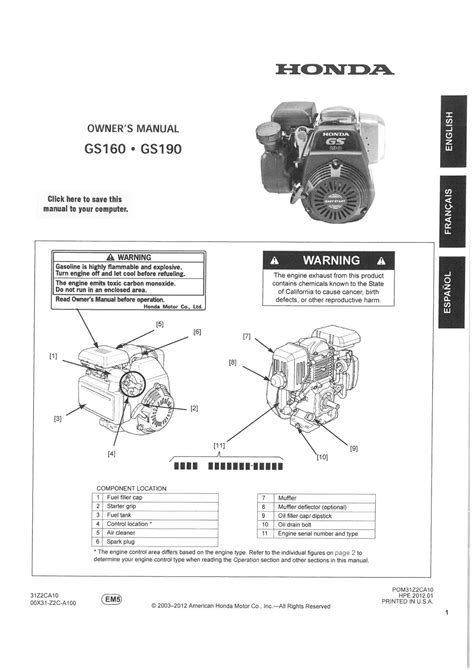 Honda Engine Gs160 Gs190 Operators Manual