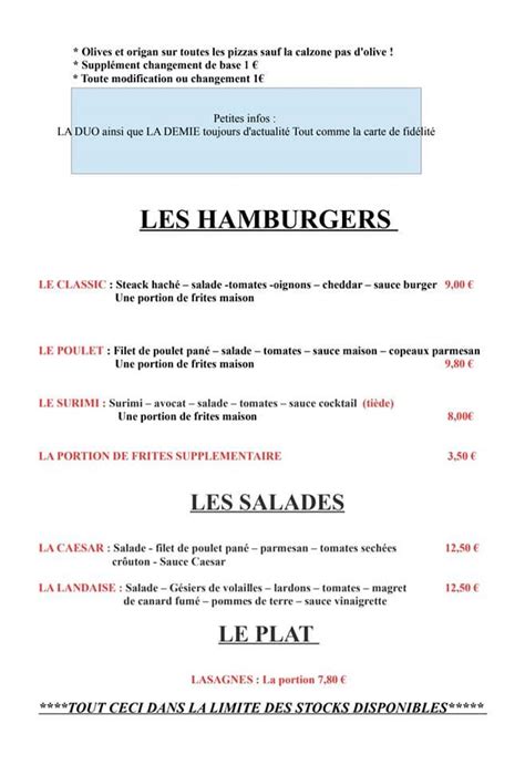 Menu Au La Cantine De L Lot Restaurant La Plaine Sur Mer