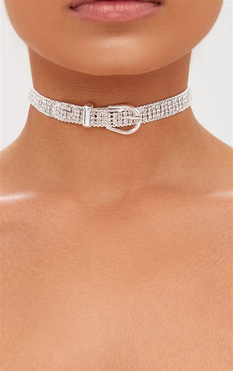 Silver Diamante Buckle Choker Accessories Prettylittlething Usa