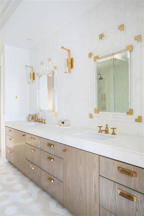 Brown Oak Washstand With Vintage Brass Pulls Transitional Bathroom