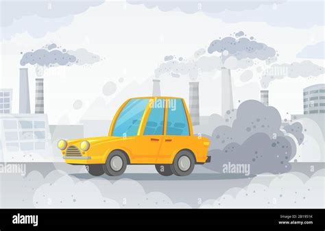 Car Air Pollution City Road Smog Factories Smoke And Industrial Carbon Dioxide Clouds Vector