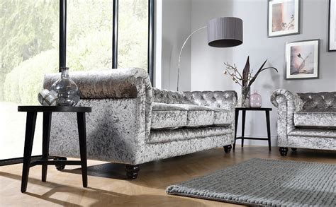 Chesterfield Sofa Set Silver Crushed Velvet 3 Seater Chesterfield Sofa