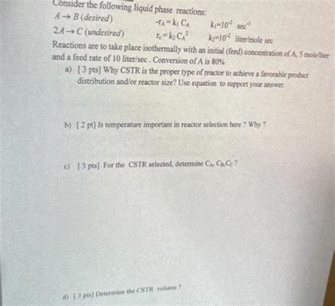 Solved Consider The Following Liquid Phase Reactions Ab Chegg