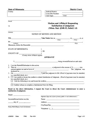 Fillable Online Plaintiff Motion And Affidavit Requesting Satisfaction