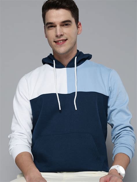 Buy Hereandnow Men Navy Blue Colourblocked Hooded Sweatshirt