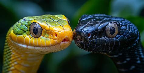 Se Muestran Dos Serpientes Con Sus Cabezas Juntas Una Es Verde Imagen