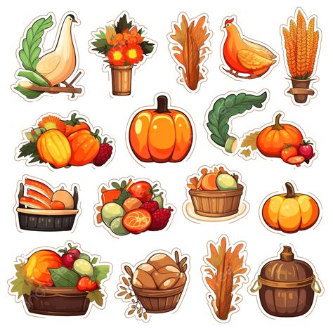 Thanksgiving Day Stickers Vector Illustration Flat Style Set Of