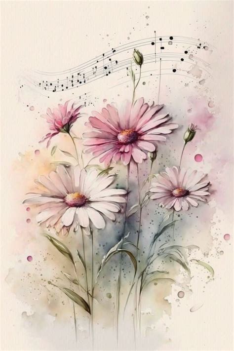 Watercolor Painting Of Pink Daisies With Music Notes