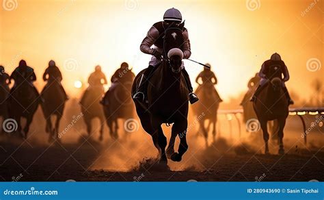 Horse Racing at Sunset. Silhouette of Thoroughbred and Jockey Stock ...