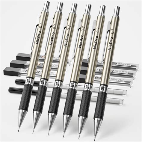 Nicpro 07 Mm Art Mechanical Pencils Set 6 Pcs Metal Drafting Pencil