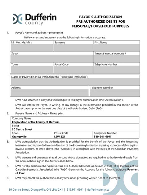 Fillable Online Payors Authorization For Pre Authorized Debits For