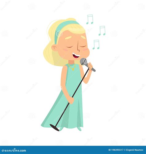 Cute Girl In Dress Holding Microphone And Singing Vector Illustration