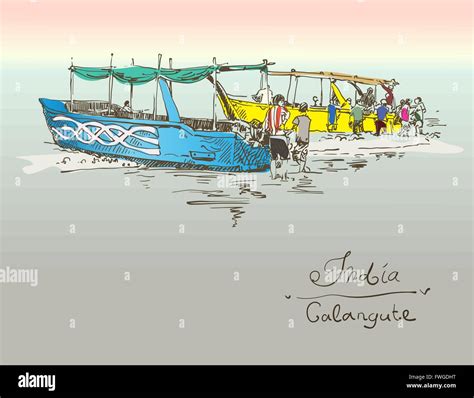 India Calangute Beach sketch drawing with two boats ashore Stock Vector ...