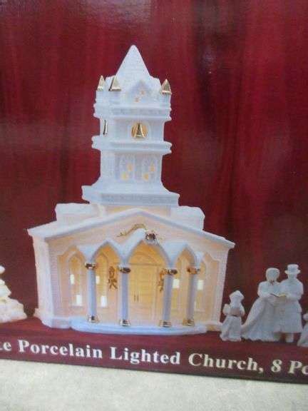 White porcelain lighted church eightpiece set, Includes: 5- Figurines ...