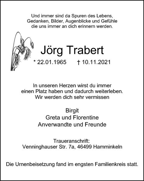 Traueranzeigen von Jörg Trabert Trauer in NRW de