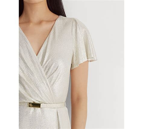 Lauren Ralph Lauren Womens Belted Metallic Knit Flutter Sleeve Gown In Mascarpone Creamgold