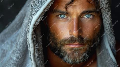 Premium Photo Closeup Portrait Of A Handsome Bearded Man With A Gray Hood