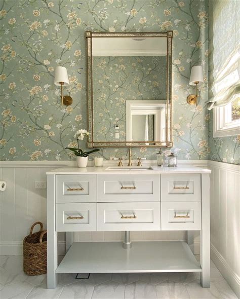 Custom Vanity Marble Tiles Wainscoting Zoffany Wallpaper Bathroom Interior Design Dream