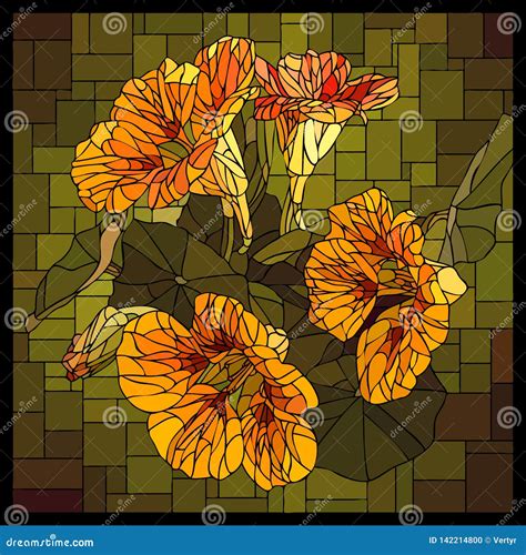 Vector Stained Glass Window With Blooming Nasturtium With Buds Stock