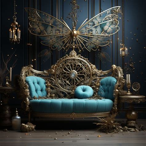 An Ornate Couch With Blue Cushions And Gold Accents