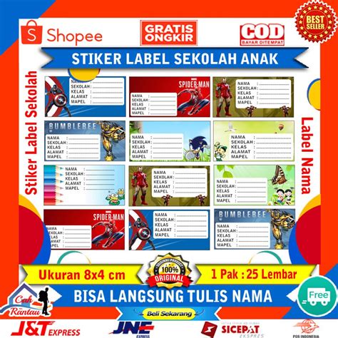 Jual Stiker Label Nama Buku Mata Pelajaran Sekolah Anak Motif Karakter