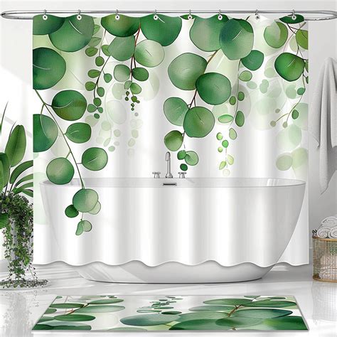 Nature Inspired Eucalyptus Leaves Shower Curtain White And Green