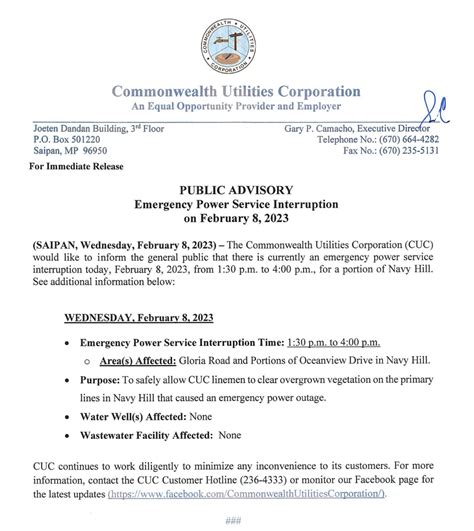 2023 Feb 08 Public Advisory Re Emergency Power Service Interruption