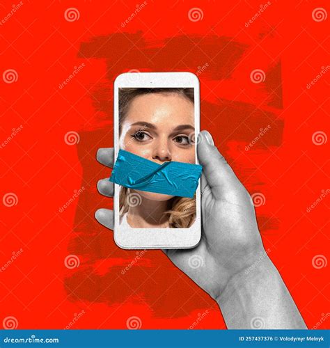 Contemporary Art Collage Woman With Covered Mouth On Phone Screen Symbolizing Censorship Not