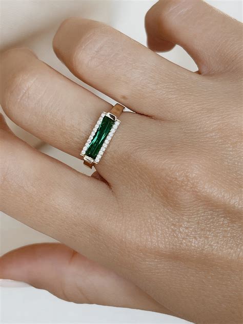 14k Solid Gold Emerald Bar Ring 14k Gold Statement Ring 14k Real Gold