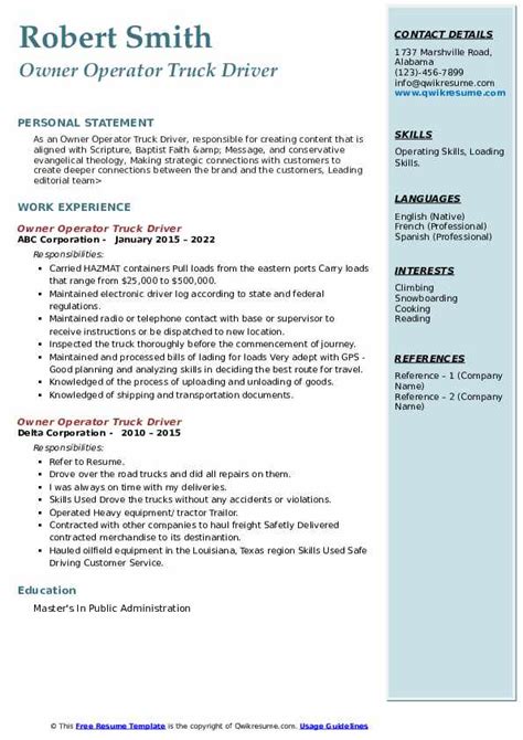 Owner Operator Truck Driver Resume Samples QwikResume