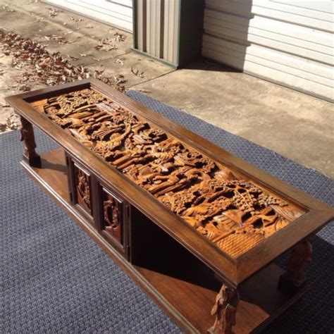 Vintage Hand Carved Japanese Coffee Table With End Tables Antique