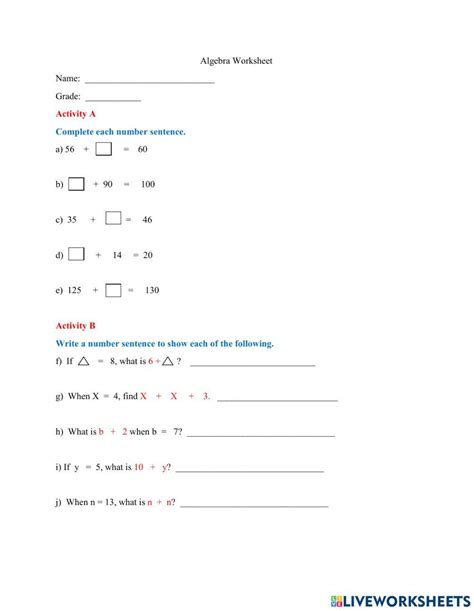 Grade Algebra Worksheet Live Worksheets Worksheets Library