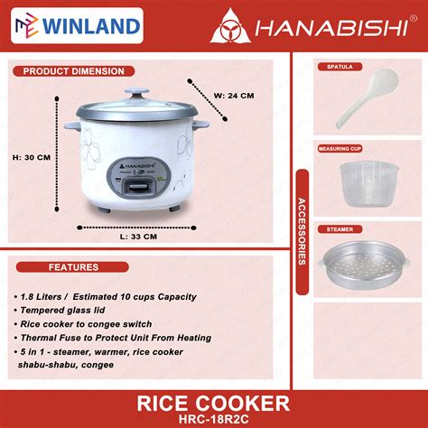 Hanabishi By Winland Rice Cooker 1 8L Serves 10 Cups Glass Cover W