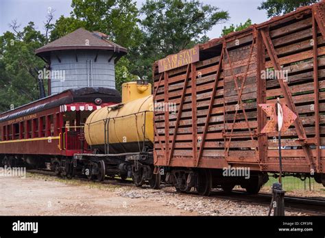 Vintage Rail Cars And Water Tower On Texas State Railroad At Rusk