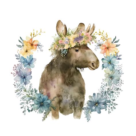 Premium Ai Image Watercolor Baby Moose Colorful Floral Wreath