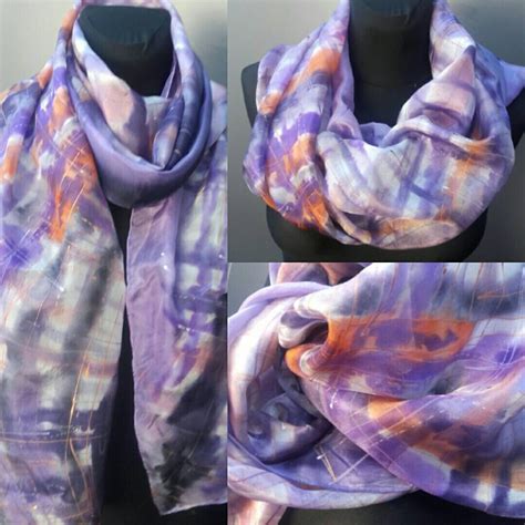 Large Hand Painted Abstract Silk Scarf In Purple White Rust Brown