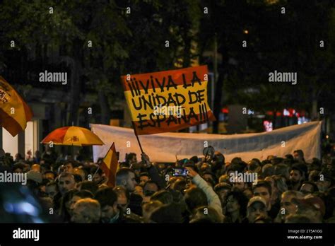 Los Manifestantes Portan Una Bandera Espa Ola Con Mensajes Por La