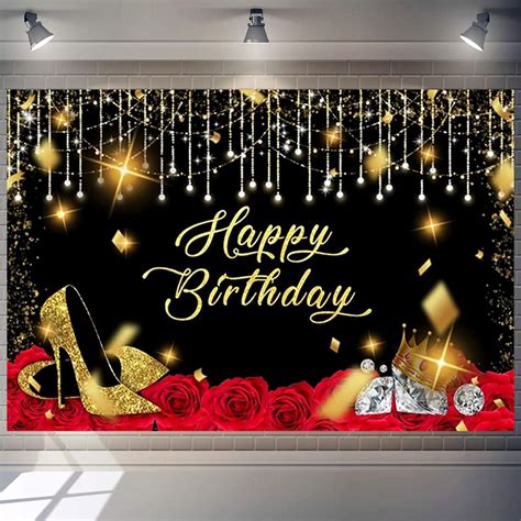 9x6ft Black Gold Happy Birthday Backdrops Red Rose Birthday Photography Backgrounds