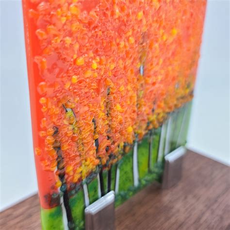 Tree Art Glass Panel In Custom Wood Stand Orange Blue Alicia Abrams