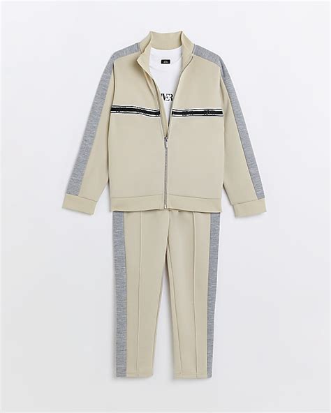 Boys Stone Taped Track Jacket And Joggers Set River Island