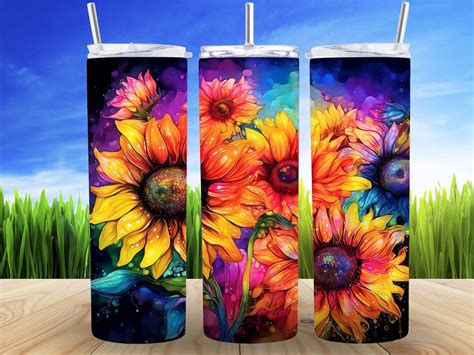 Alcohol Ink Sunflowers 20 Oz Skinny Tumbler Neon Rainbow Sublimation